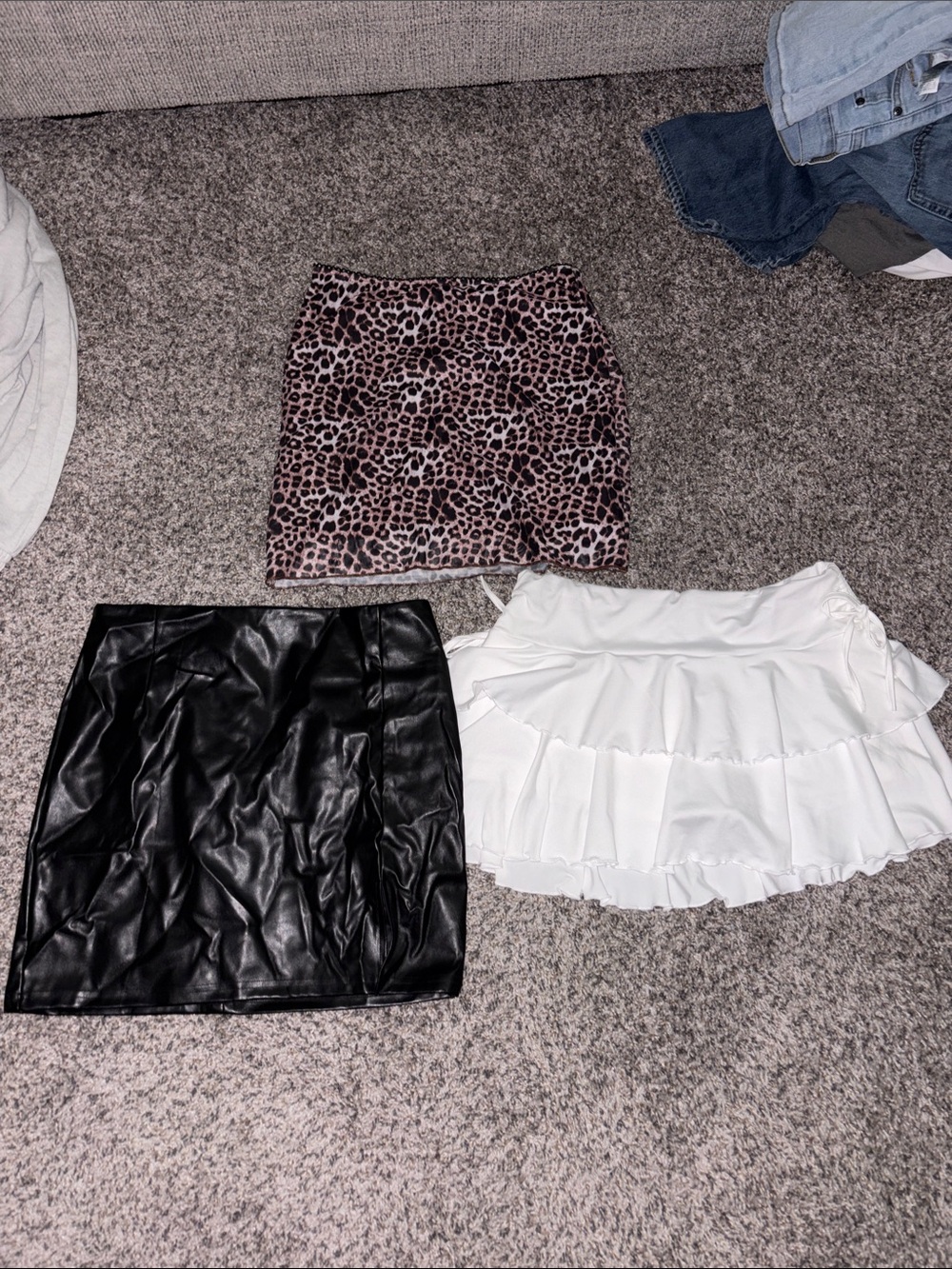 SHEIN BUNDLE Leopard, Black Faux Leather & White Ruffle Mini Skirts